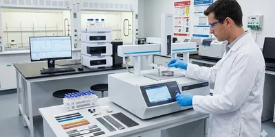 A scientist in a white lab coat and blue gloves places a sample vial into an analytical instrument in a laboratory setting with other equipment and samples on the benches.