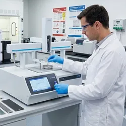 A scientist in a white lab coat and blue gloves places a sample vial into an analytical instrument in a laboratory setting with other equipment and samples on the benches.