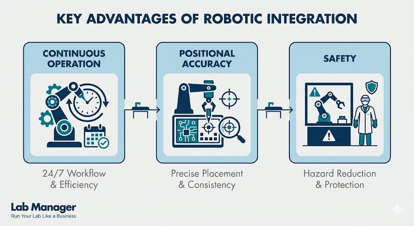 An infographic titled "Key Advantages of Robotic Integration" by Lab Manager.