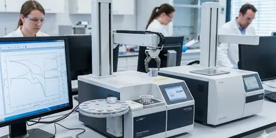 Automated DSC and TGA instruments with robotic autosamplers performing high-throughput material screening in a modern laboratory