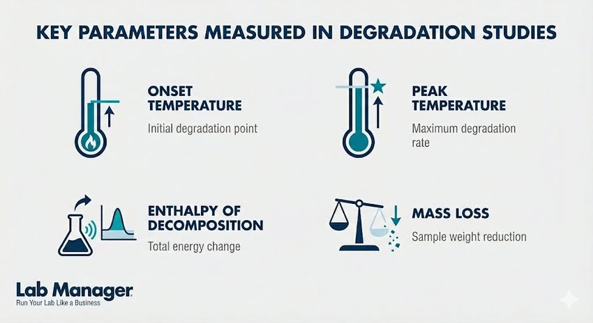 A professional Lab Manager infographic titled "Key Parameters Measured in Degradation Studies.