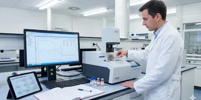 Laboratory scientist performing thermal analysis for drug degradation studies, loading a sample into a DSC instrument with stability curves visible on a computer monitor.