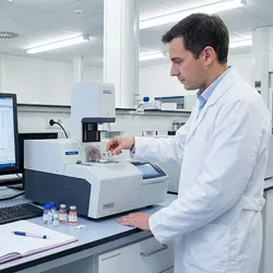 Laboratory scientist performing thermal analysis for drug degradation studies, loading a sample into a DSC instrument with stability curves visible on a computer monitor.