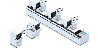 An isometric view of a modular automated laboratory system, specifically the Sysmex CN-Series, featuring a central track connecting multiple white hemostasis analyzer units with attached monitors and a sample loading buffer containing blue-capped tubes at the end of the line.