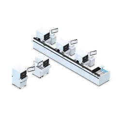 An isometric view of a modular automated laboratory system, specifically the Sysmex CN-Series, featuring a central track connecting multiple white hemostasis analyzer units with attached monitors and a sample loading buffer containing blue-capped tubes at the end of the line.