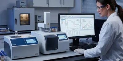 Scientist performing thermal analysis for shelf-life prediction using DSC and TGA instruments in a laboratory