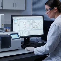 Scientist performing thermal analysis for shelf-life prediction using DSC and TGA instruments in a laboratory