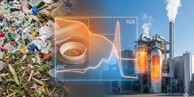 Composite image illustrating thermal analysis in waste management: left showing mixed solid waste, center displaying a TGA/DSC graph overlay on a lab crucible, and right depicting a modern waste-to-energy incineration plant.