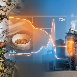 Composite image illustrating thermal analysis in waste management: left showing mixed solid waste, center displaying a TGA/DSC graph overlay on a lab crucible, and right depicting a modern waste-to-energy incineration plant.