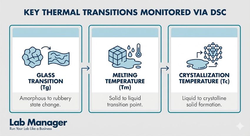 A professional Lab Manager infographic titled "Key Thermal Transitions Monitored via DSC." Three side-by-side panels feature flat vector icons illustrating material phase changes. A professional Lab Manager infographic titled "Key Thermal Transitions Monitored via DSC." Three side-by-side panels feature flat vector icons illustrating material phase changes.