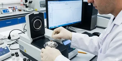 Scientist loading a polymer sample into a Differential Scanning Calorimeter (DSC) instrument to analyze thermal stability and transitions in agricultural plastics.