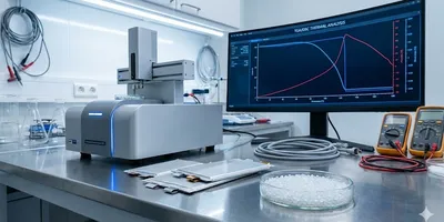 A sleek, high-tech laboratory workbench featuring a disassembled lithium-ion pouch cell and a petri dish of polymer pellets in the foreground. Behind the samples sits a modern Simultaneous Thermal Analyzer (STA) machine, while a computer monitor displays complex thermal analysis graphs with blue and red curves in the background.