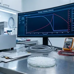 A sleek, high-tech laboratory workbench featuring a disassembled lithium-ion pouch cell and a petri dish of polymer pellets in the foreground. Behind the samples sits a modern Simultaneous Thermal Analyzer (STA) machine, while a computer monitor displays complex thermal analysis graphs with blue and red curves in the background.