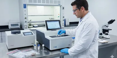 A forensic laboratory professional carefully loads a trace evidence sample into a thermal analysis instrument. The workspace is equipped with both DSC and TGA machines, along with evidence bags containing samples awaiting analysis, highlighting the scientific process of material identification.