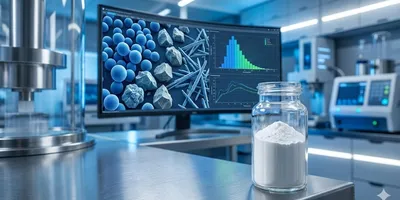 A photorealistic close-up shot set in a high-tech laboratory, focusing on a glass sample vial filled with fine white powder resting on a brushed metal workstation. In the background, a curved computer monitor displays a vibrant 3D scientific visualization of particle morphology, featuring blue spheres, jagged rough particles, and needle-like crystal structures alongside a size distribution histogram. The scene is illuminated by cool, clinical blue and bright white lighting, highlighting the sterile and advanced environment.