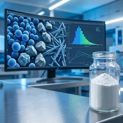 A photorealistic close-up shot set in a high-tech laboratory, focusing on a glass sample vial filled with fine white powder resting on a brushed metal workstation. In the background, a curved computer monitor displays a vibrant 3D scientific visualization of particle morphology, featuring blue spheres, jagged rough particles, and needle-like crystal structures alongside a size distribution histogram. The scene is illuminated by cool, clinical blue and bright white lighting, highlighting the sterile and advanced environment.
