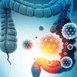 Illustration of gastrointestinal tract with pathogens detected by multiplex GI PCR test