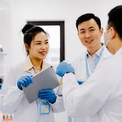 A lab manager listening to two other staff members, showing the benefits of quiet leadership attributes