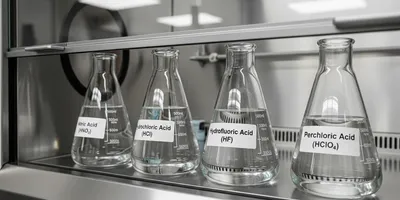 image of flasks of acides in a fume hood illustrating safe acid handling in elemental analysis