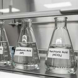 image of flasks of acides in a fume hood illustrating safe acid handling in elemental analysis