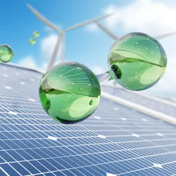 Solar panels and wind turbines with green hydrogen molecules representing sustainable energy for laboratory gas chromatography operations
