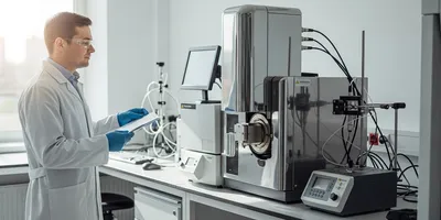 Lab technician using an elemental analyzer in a laboratory setting