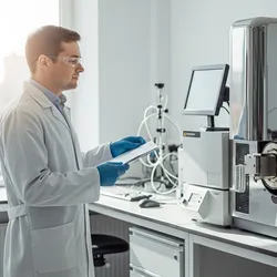 Lab technician using an elemental analyzer in a laboratory setting