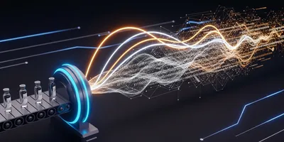 A stream of sample vials on a conveyor belt transforming into bright beams of light and digital data streams as they pass through a futuristic spectrometer. illustating throughput strategies for elemental analysis