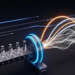 A stream of sample vials on a conveyor belt transforming into bright beams of light and digital data streams as they pass through a futuristic spectrometer. illustating throughput strategies for elemental analysis
