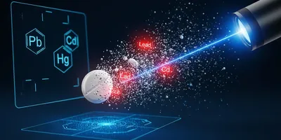 Visualization of elemental impurity testing with highlighted toxic metals Pb, Cd, and Hg.
