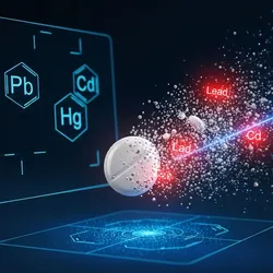 Visualization of elemental impurity testing with highlighted toxic metals Pb, Cd, and Hg.