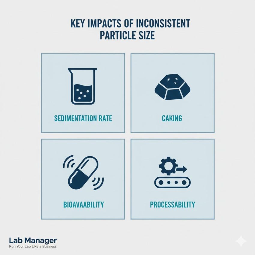 A professional scientific infographic titled "KEY IMPACTS OF INCONSISTENT PARTICLE SIZE" in dark blue text. A professional scientific infographic titled "KEY IMPACTS OF INCONSISTENT PARTICLE SIZE" in dark blue text.