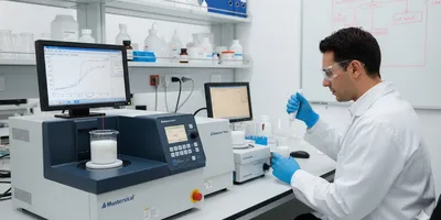 A laboratory professional in a white coat and blue gloves performing particle size analysis on a white suspension using a laser diffraction instrument and pipette in a modern pharmaceutical lab setting