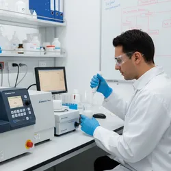 A laboratory professional in a white coat and blue gloves performing particle size analysis on a white suspension using a laser diffraction instrument and pipette in a modern pharmaceutical lab setting