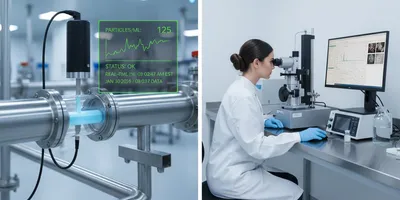 A split-screen 16:9 image comparing inline and offline particle monitoring: the left shows an industrial sensor on a production pipe with a digital "Inline" display; the right shows a scientist in a lab coat performing "Offline" analysis using a microscope and computer.