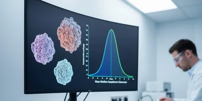 A high-tech pharmaceutical laboratory featuring a Next Generation Impactor (NGI) device on a white workbench, with a monitor displaying 3D "raisin-like" drug particles and a particle size distribution graph.