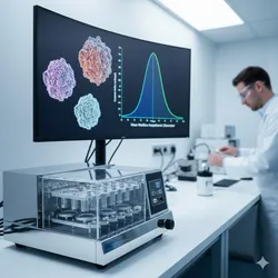 A high-tech pharmaceutical laboratory featuring a Next Generation Impactor (NGI) device on a white workbench, with a monitor displaying 3D "raisin-like" drug particles and a particle size distribution graph.