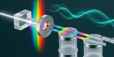 A beam of white light passes through a prism, splitting into a rainbow spectrum, which is then split again into two distinct parallel beams traveling through semi-transparent sample holders illustrating uv-vis spectrometry