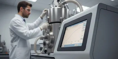 A high-end food science laboratory scene with a shallow depth of field. In the foreground, a glass petri dish holds a fine, uniform golden-yellow powder.