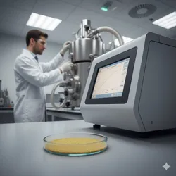 A high-end food science laboratory scene with a shallow depth of field. In the foreground, a glass petri dish holds a fine, uniform golden-yellow powder.