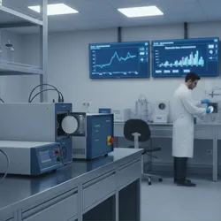 A wide-angle, realistic shot of a modern, high-tech air quality laboratory. In the foreground, specialized scientific instruments, including a Tapered Element Oscillating Microbalance (TEOM), sit on clean stainless steel workbenches.
