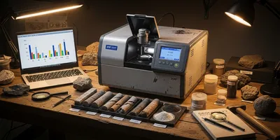 A rugged XRF analyzer on a bench with mineral and rock samples