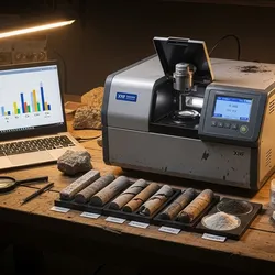 A rugged XRF analyzer on a bench with mineral and rock samples