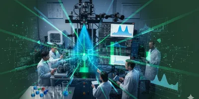 Abstract visualization of agricultural spray particle characterization featuring laser diffraction beams, data graphs, and scientists in a high-tech laboratory setting.