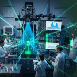 Abstract visualization of agricultural spray particle characterization featuring laser diffraction beams, data graphs, and scientists in a high-tech laboratory setting.