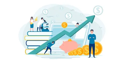 Illustration of lab managers enhancing financial acumen with growth charts and budget symbols.
