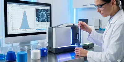 A female lab technician in a white coat and safety goggles meticulously prepares a liquid paint sample using a pipette in a high-tech, clinical laboratory. On the workbench sits a modern laser diffraction particle size analyzer and several glass beakers containing vibrant blue and white paint dispersions. In the background, a large computer monitor displays a detailed particle size distribution bell curve alongside a 3D visualization of microscopic pigment spheres