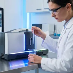 A female lab technician in a white coat and safety goggles meticulously prepares a liquid paint sample using a pipette in a high-tech, clinical laboratory. On the workbench sits a modern laser diffraction particle size analyzer and several glass beakers containing vibrant blue and white paint dispersions. In the background, a large computer monitor displays a detailed particle size distribution bell curve alongside a 3D visualization of microscopic pigment spheres