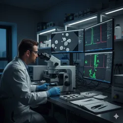 A high-tech laboratory setting where a male scientist in a white lab coat, safety glasses, and blue gloves is intently looking through a sophisticated optical microscope.