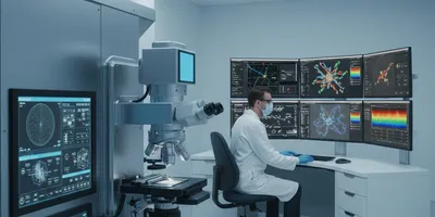 A realistic 16:9 cinematic shot of a modern, high-tech laboratory specializing in nanoscale discovery. The foreground features a sophisticated Transmission Electron Microscope (TEM) with sleek metallic surfaces and glowing digital interfaces. In the background, a scientist in professional lab attire and PPE is working at a multi-monitor workstation displaying 3D molecular structures and high-resolution elemental mapping (EDS). The environment is clean and clinical, with soft blue and white ambient lighting, emphasizing precision and advanced scientific research.
